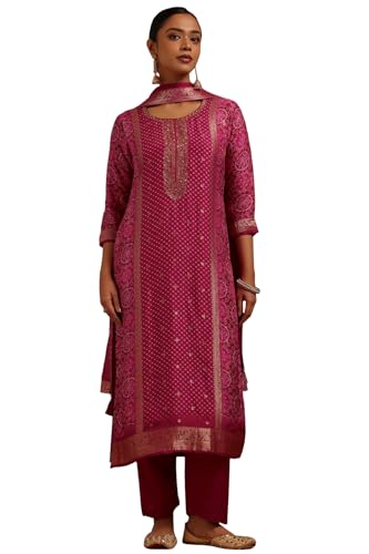 Soch Womens Magenta Dola Silk Bandhani Print Suit Set With Sequins