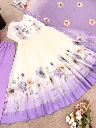 SAMUYA Women’s Fully Stitched Faux Georgette Embroidered Sequence Work Gown – Ready-to-Wear Ethnic Outfit for Parties & Festive Occasions (in, Alpha, XL, Regular) Purple and White