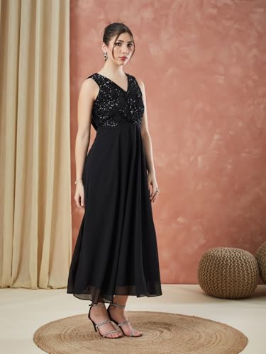 Latin Quarters Women's Black Sleeveless Sequin V-Neck Evening Dress_XXL