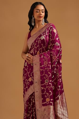 Soch Womens Wine Satin Botanical Zari Woven Saree