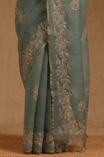 Soch Womens Green Linen Floral Printed Zari Embroidered Saree