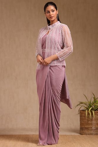 Soch Womens Purple Nylon Blend Solid Ready To Wear Saree With Beads