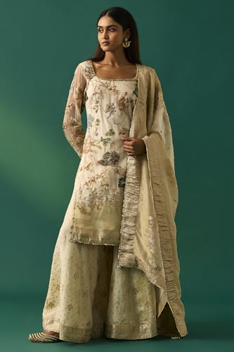 Wishful Women's Beige Floral Embroidered Tissue Straight Kurta with Sharara and Dupatta Set - (SP11495-401103-XXL)