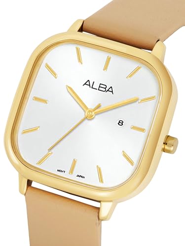 ALBA Leather Women Analog Wristwatch Ah7Bz6X1, White Dial, Beige Band