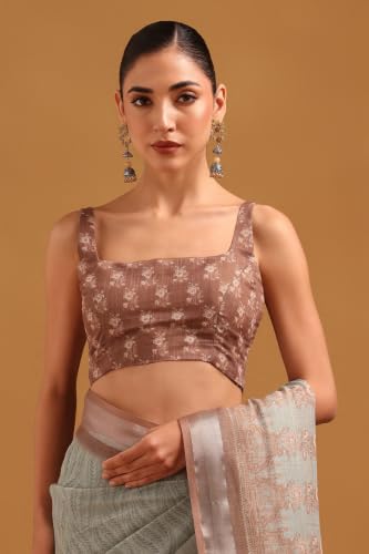 Soch Womens Olive Linen Digital Printed Botanical Machine Embroidered Saree