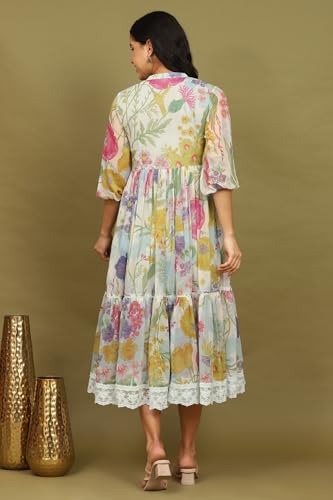 W for Woman White Floral Printed Tiered Chiffon Dress with Lace Detail (Size: M)-W12410-125443