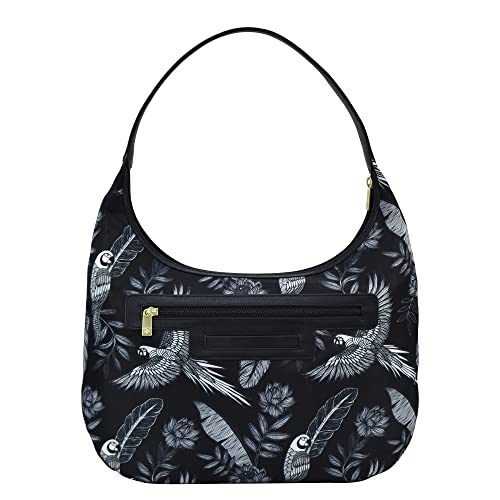 Anuschka Large Sling Hobo - Wanderlust Collection - Nylon Fabric with Genuine Leather Trim and Artwork Print - Jungle Macaws