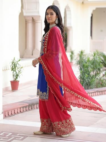 Leeli Peeri Designer Women's Chinon Silk Embroidery Kurta Palazzo and Dupatta Set