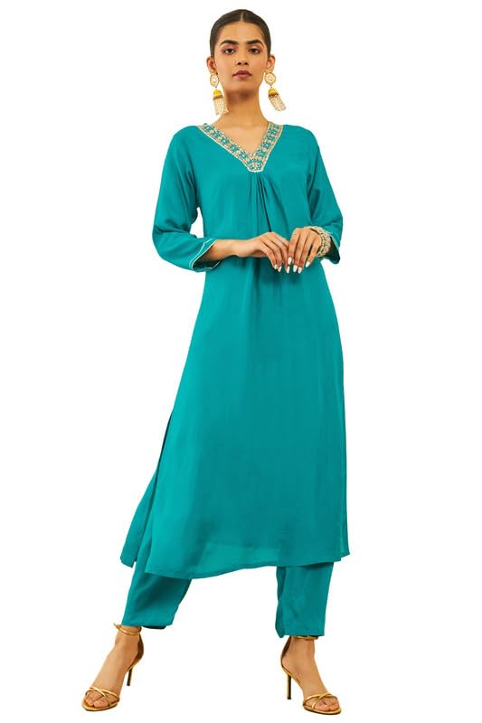 Soch Womens Teal Muslin V-Neck Suit Set With Gotta Patti