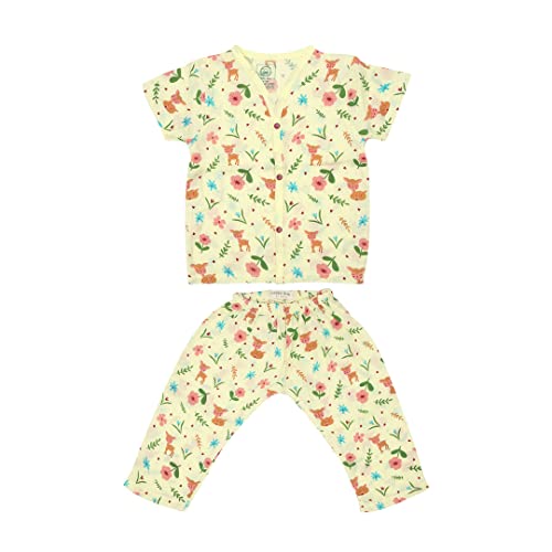A Toddler Thing 100% Organic Muslin Sleepsuit - Oh My Deer | Yellow | Top & Pants | Size - 3-6 Months | Night Suit for Boys & Girls | Sleepwear Baby Products | Night Wear Pyjama Set | Full Cover Dress
