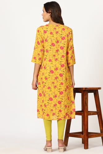 W for Woman Yellow Floral Printed Pure Cotton Kurta (Size: S)-24AUW12020-124771