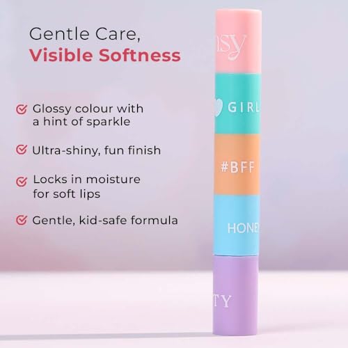 Whimsy Beauty 4-in-1 Mini Lip Gloss for Kids and Pre-Teens | Smooth Non Sticky Shine with Lightweight Texture | Long Lasting Glossy Finish | 4 to 16 Years | Organic, Natural, Chemical Free | 4 ml