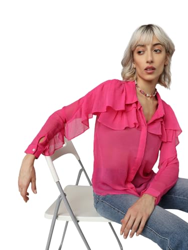 ONLY Women Solid Polyester Regular Fit Pink Shirt
