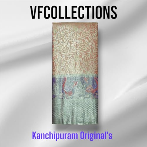 VFCollections Women's Traditional Handloom Kanchipuram Silk Pure Pattu Sarees – Peacocks Border | Rich Zari Woven Design | Bridal Saree | Unstitched Blouse (VFC690-3)