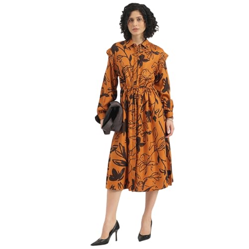 United Colors of Benetton Spread Collar Floral Stylised Long Shirt Dress (Size : XL)-25A4WVNDR202I902 Brown