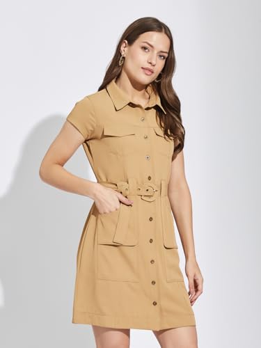 Latin Quarters Women Beige Collar Neck Cap Sleeves Solid Above Knee Shirt Dress for Casual Wear_L