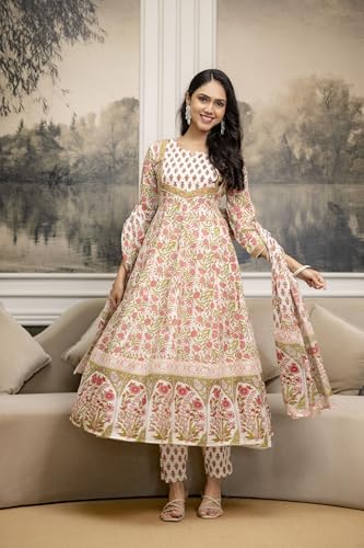 NIVANA Embroidered & Floral Printed Anarkali Kurta with Pant & coordinated Dupatta | S | White | Floral | Anarkali