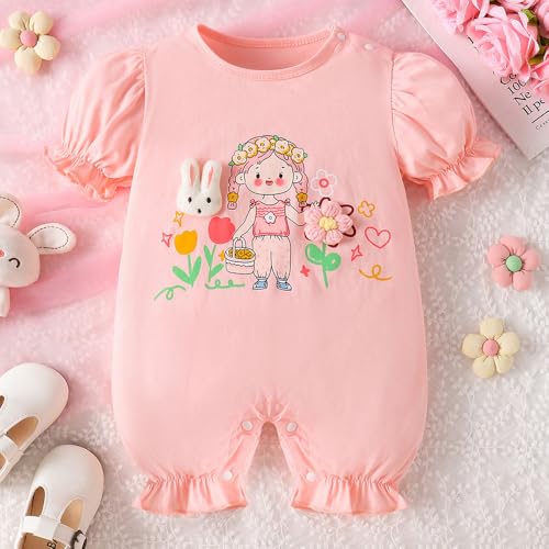 Hopscotch Baby Girls Graphic Print Short Sleeves Pink Rompers For Ages (6-9 Months)