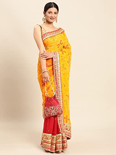 Pandadi Saree Women's Georgeete Bandhani Saree With Unstiched Blouse Piece - Art Silk, Red