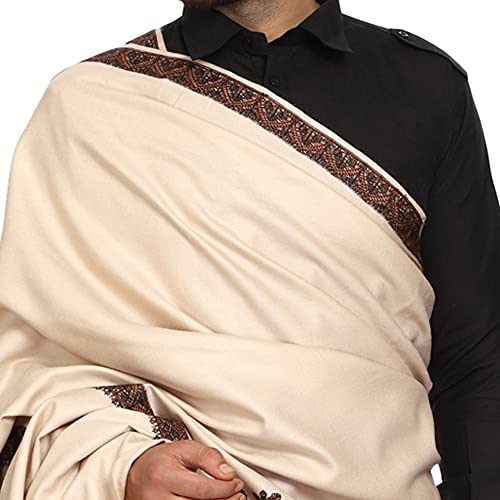 SWI WITH LABEL Men's Kashmiri Embroidered Wool Shawl (GC113_Beige_Free Size)