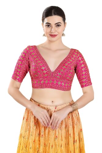 S SALWAR STUDIO Gold Embroidered Saree Blouse_VF-0428-PINK-38