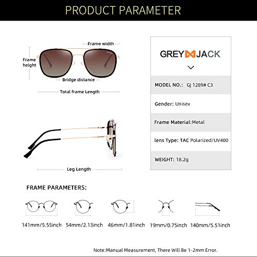grey jack Square Polarized Sunglasses UV Protected for Men Women Metal Frame GJ1289 Golden(black) Frame Gradient Brown Lens