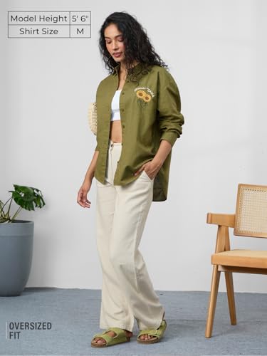 The Souled Store Cotton Linen: Flower Child Women and Girls Long Sleeves Collared Neck Button Front Green Embroidered Cotton Linen Boyfriend Shirts