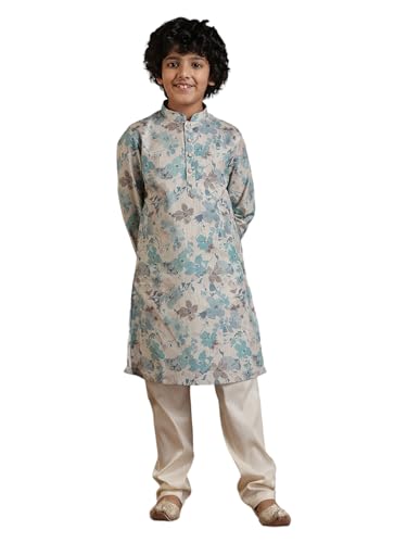 Manyavar Aqua Green Blended Linen Digital Print Kurta Pyjama Set for Child(12-14 years)