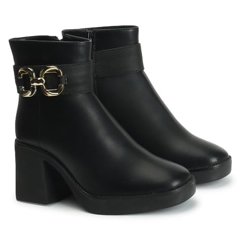 ELLE Women Block-Heel Ankle Boots with Chain Detail