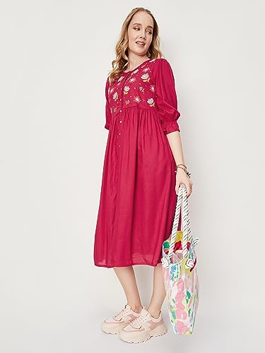 Max Women Embroidered Fit & Flare Midi Dress (EMBDRS33008RED)_XL