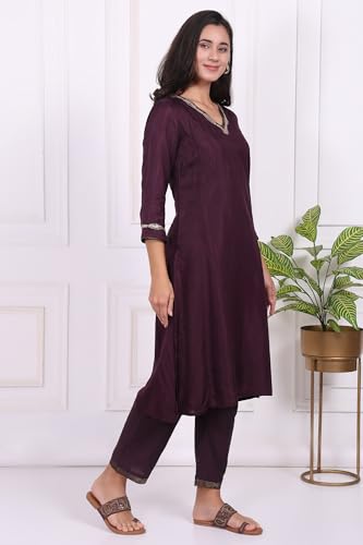 W for Woman Maroon Embroidered Silk Straight Kurta, Pants and Dupatta Set - (WS13298-224278-XL)