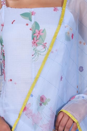 W for Woman Blue Floral Printed Thread Embroidered Kota Flared Kurta, Flared Pant and Dupatta Set (Size: M)-WS12677-125426