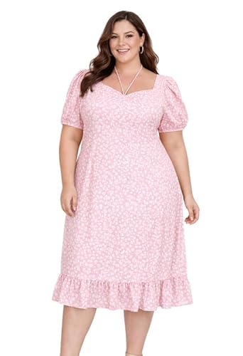 PrettyPlus by Desinoor.com Plus Size Pink Floral Dress | Midi Dress for Women | Stylish Long Women Western Frock | Knee Length Midi | Fit & Flare Solid Desk to Dinner Dress | Dresses for Girls