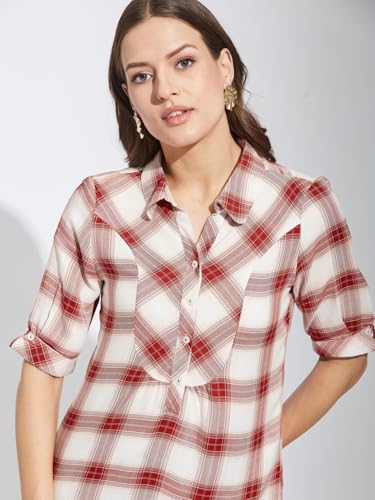 Latin Quarters Women Red Collar Neck Half Sleeves Checked Shirt Blouse for Casual Wear_XL