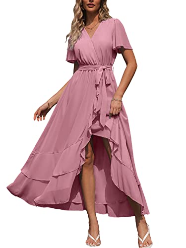 Simplee Womens Summer Chiffon Wrap Casual Maxi Ruffle Split Dress Flowy Bridesmaid Wedding Party Evening Cocktail with Belt, Ruffle-pink Purple, XL