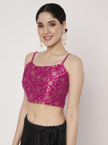 studio rasa Women's Dupion Hand Block Printed Spaghetti Readymade Blouse for Festive Wedding Party (TPWC725BL81_Pink_Small)