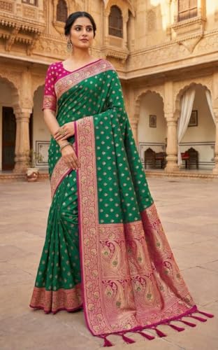 SGF11 Women's Kanjivaram Soft Silk Saree With Unstiched Blouse Piece (Green)