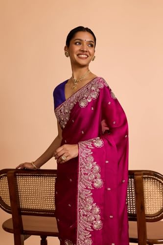 Taneira Women Pink Viscose Satin Embroidered Saree With Unstitched Blouse Piece (SAPP10AC5305-Pink)