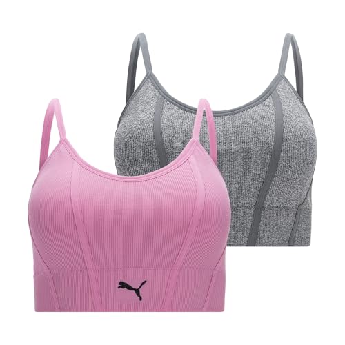 Puma Women's 2 Pack Seamless Sports Bra, Mauve/Heather Grey, Medium