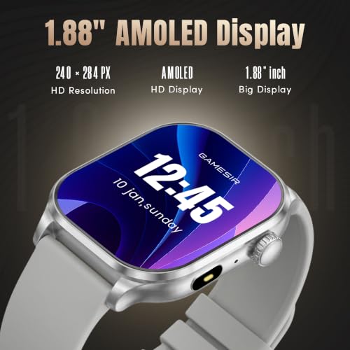 GameSir Sports Edge Smart Watch for Men & Women, 1.88" Full Touch Display, Bluetooth Calling, Fitness Tracking, Message Notifications, Android & iOS Compaatible - (Silver)