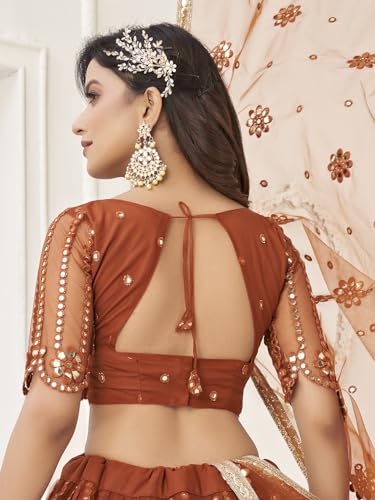 Zeel Clothing Womens Net Lehenga Choli Semi-Stitched Brown Wedding Bridal Free Size