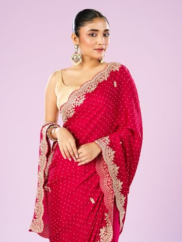 MOHEY Women's Satin Embroidery|Stone Work|Sequin Work Saree with Blouse Piece(Rani)