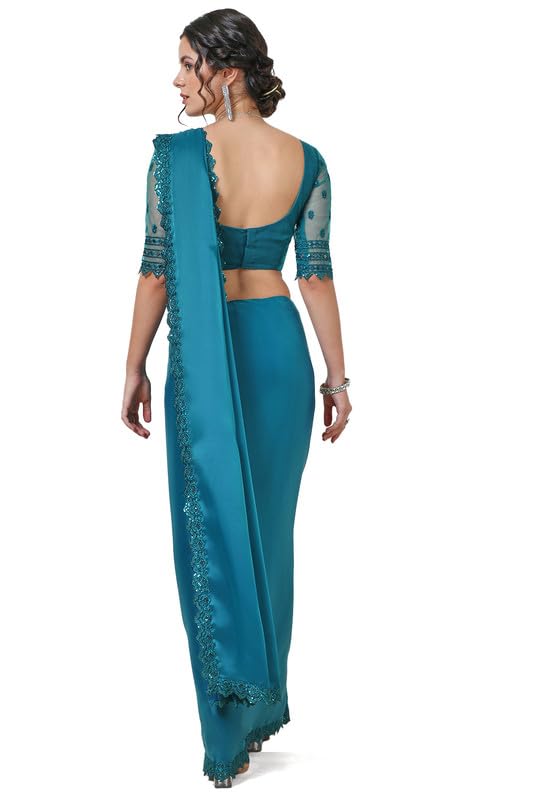 Soch Womens Teal Organza Saree with Sequin Lace Border