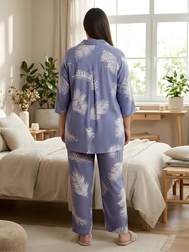 Indietoga Women Plus Size Rayon Shirt and Pyjamas Nightsuit (P50001452_Blue Printed_3XL)