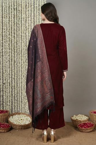 W for Woman Maroon Straight Kurta with Parallel Pant and Dupatta - (WS13312-224203-L)