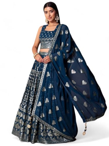 Zeel Clothing Sequins Thread Embroidered Work Pure Georgette Semi Stitched Lehenga Choli With Dupatta (5117-Blue-Women-Lehenga-Choli-Latest; Free Size)