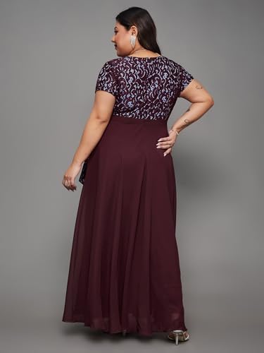 Miss Chase A+ Women's V-Neck Short Sleeve Self Designed Lace Overlaid Maxi Dress (APSS22D13-62-713-07, Cabernet Wine, 2XL)