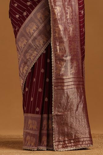 Soch Womens Wine Dola Silk Ethnic Motifs Zari Woven Saree