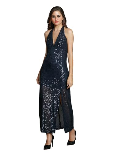 Zink London Women's Navy Blue Solid Fitted Maxi Dress