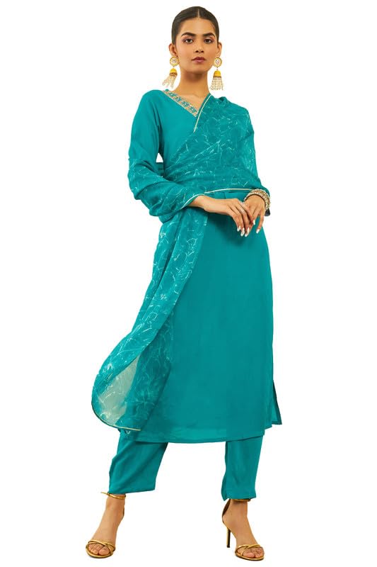 Soch Womens Teal Muslin V-Neck Suit Set With Gotta Patti